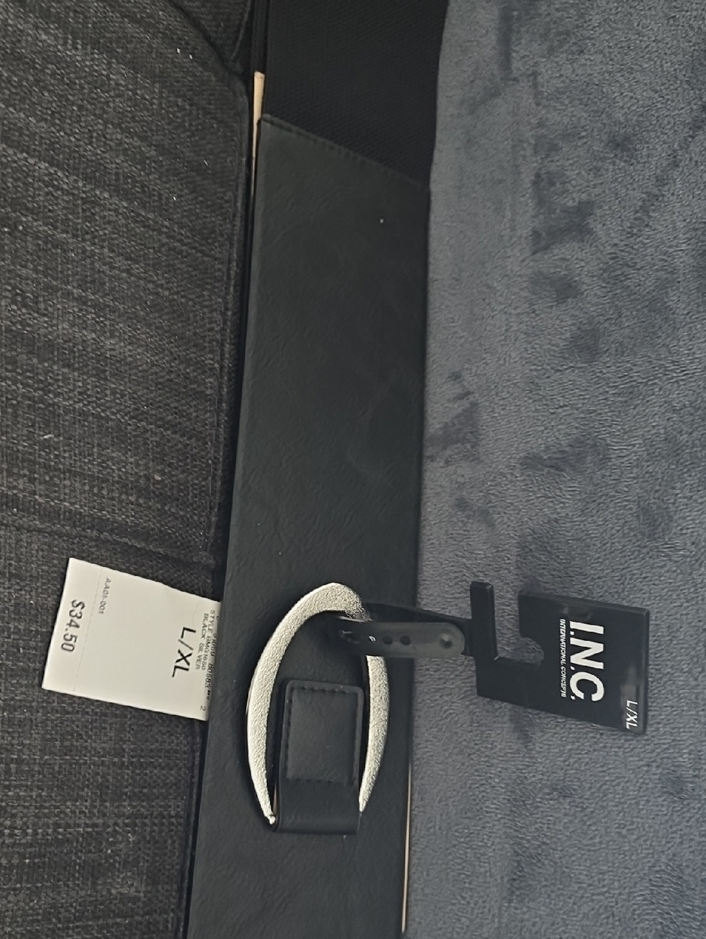 INC Black Faux Leather Belt with Textured Silver Oval Buckle